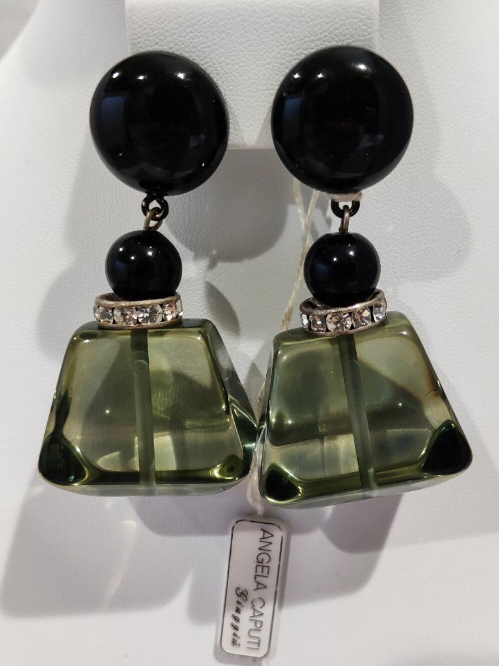 Vintage Angela Caputi 1990s Black & Olive Green Resin Dangle Clip Earrings 2.75"